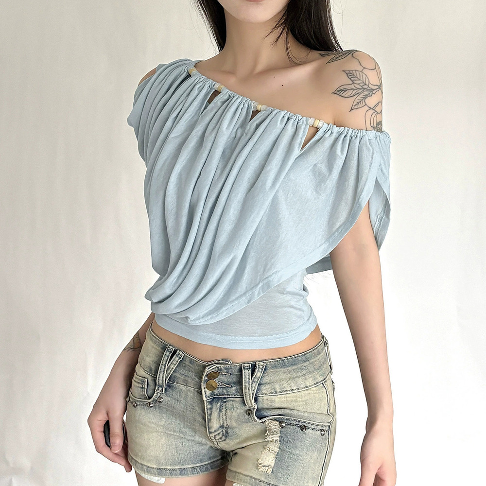 Zara Summer Retro Asymmetric One Shoulder Pleated Top